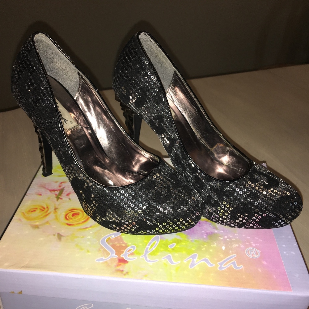 Silver Sequin Leopard Heels (Selina by Summer Rio)